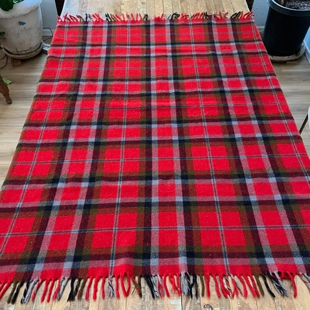 Vintage Red Tartan Plaid Fringed Wool Throw Blanket 49 x 55 in
